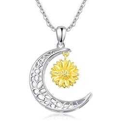 Gold Yellow Sunflower Moon Necklace, THRISHULA Sterling Silver Hollow-Cut Crescent Moon Small Yellow Sunflower Pendant Necklace for Women Girls Birthday Jewelry Gift 18+2 (Gift Box Included)