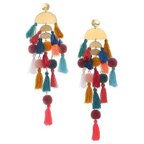 Bohemian Long Beaded Tassel Drop Dangle Earrings Handmade Boho Fringe Statement Earrings Pom Ball Chandelier Beach Wedding Bridal Jewelry for Women Girls Gifts