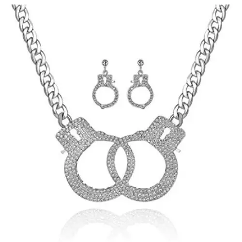 Qiji Womens Georgous Statement Rhinestone Handcuff Jewelry Set Punk Rock Crystal Handcuff Necklace Handcuff Stud Earrings Night Club Dangle Earrings Costume Party Jewelry