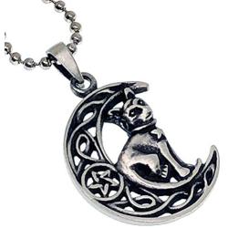 OhDeal4U Cat Jewelry Celtic Crescent Moon Star Pentacle Pentagram Magic Wiccan Wicca Pagan Witch Protection Amulet Mens Womens Pewter Pendant Charm Necklace for Men Women Girls Silver Ball Chain