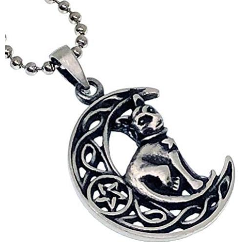 OhDeal4U Cat Jewelry Celtic Crescent Moon Star Pentacle Pentagram Magic Wiccan Wicca Pagan Witch Protection Amulet Mens Womens Pewter Pendant Charm Necklace for Men Women Girls Silver Ball Chain