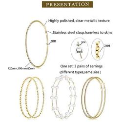 RnBLM JEWELRY 3 Pairs 14K Gold Plated Big Hoop Earrings for Women Large Pearl Hoop Earring Thin Twisted Huge Hoop Earrings in One Set Lightweight Gold Hoop