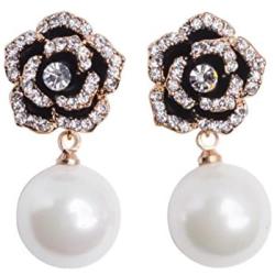 Designer imitation pearl camellia charm dangle earrings for women