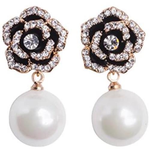 Designer imitation pearl camellia charm dangle earrings for women