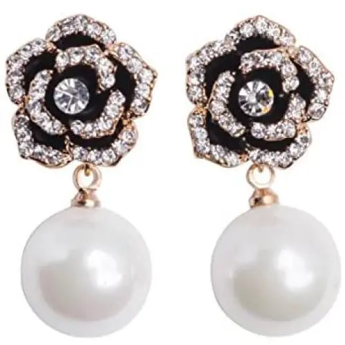 Designer imitation pearl camellia charm dangle earrings for women