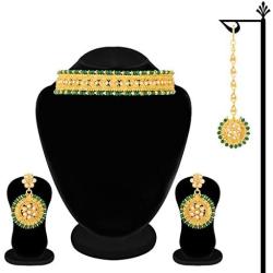 Aheli Indian Wedding Wear Polki Stone Beaded Choker Necklace with Maang Tikka Set Ethnic Fashion Jewelry for Women