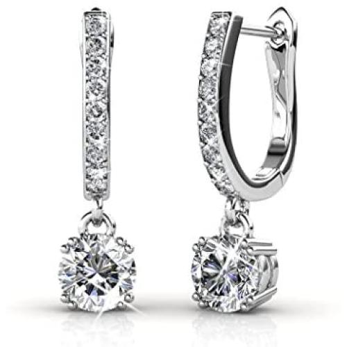 Cate & Chloe McKenzie 18k White Gold Dangling Earrings with Swarovski Crystals, Solitaire Crystal Dangle Earrings, Best Silver Drop Earrings for Women, Channel Set Drop Horseshoe
