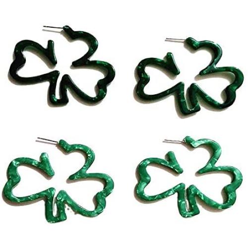 2 Pairs St.Patricks Day Green Shamrock Earrings 3 Leaf Clover Dangle Earrings Acrylic Irish Clover Hoop Earrings Lucky Green Shamrock Statement Dangles Earrings Set