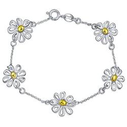 Simple Two Toned Flowers Station Charm Daisy Bracelet For Women For Teen 14K Gold Plated 925 Sterling Silver