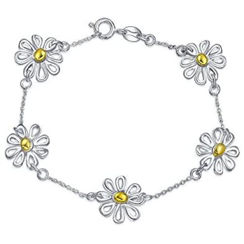 Simple Two Toned Flowers Station Charm Daisy Bracelet For Women For Teen 14K Gold Plated 925 Sterling Silver