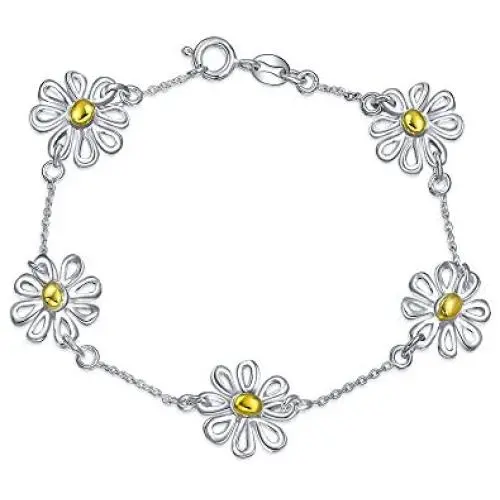 Simple Two Toned Flowers Station Charm Daisy Bracelet For Women For Teen 14K Gold Plated 925 Sterling Silver