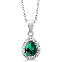 Gem Stone King Sterling Silver Pear Shape Green Nano Emerald Pendant Earrings Set 6.50 cttw with 18 Inch Silver Chain