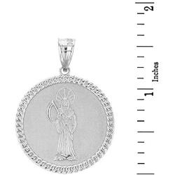 Skeleton Jewelry Sterling Silver Santa Muerte (Grim Reaper) Cuban Link Frame Round Medal Pendant