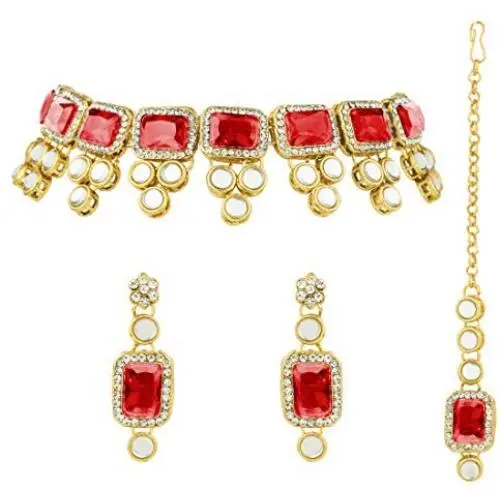 Aheli Ethnic Faux Blue Kundan Necklace Earrings Maang Tikka Indian Bollywood Jewellery Set for Women Aheli Ethnic Faux Blue Kundan Necklace Earrings Maang Tikka Indian Bollywood Jewellery Set for Women