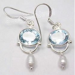 SilverStarJewel 925 Solid Silver 8 x 10 mm Blue Topaz Beads Earrings 1.5'' 2.6 Grams