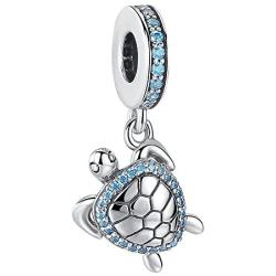 ASELFAD 925 Sterling Silver Blue Crystal Sea Turtle Pendant Charms for Bracelets