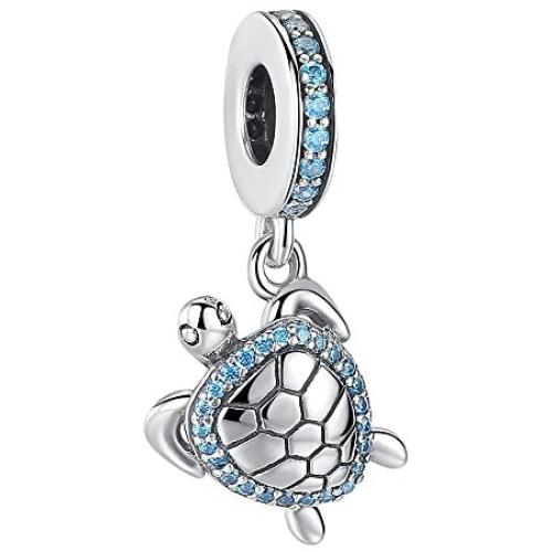 ASELFAD 925 Sterling Silver Blue Crystal Sea Turtle Pendant Charms for Bracelets