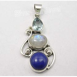 SilverStarJewel 6 x 9, 8 x 10, 10 x 10 mm Multistones 3 Stone Pendant 1.6'' Sterling Silver
