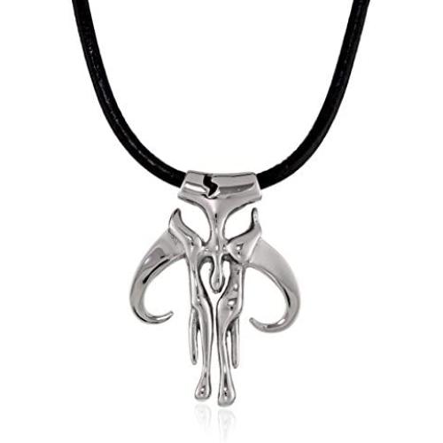Star Wars Jewelry Unisex Mandalorian Symbol Stainless Steel Leather Cord Pendant Necklace, 20''