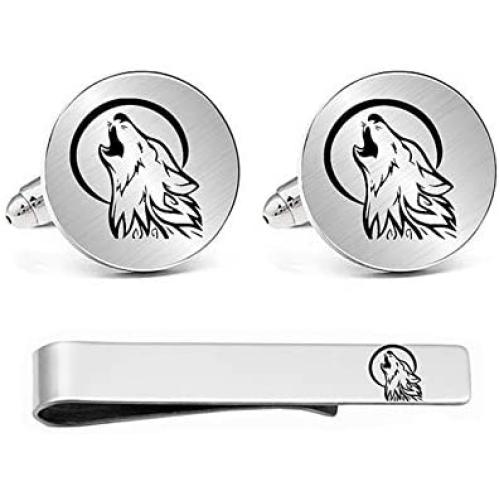 Kooer Personalized Engraved Moon Wolf Cuff Links Tie Bar Set Wedding Cufflinks Jewelry Gift for Men