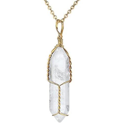 JADENOVA Full Wire Wrapped Energy Healing Crystal Gemstone Pendant Necklace 18'' Stainless Steel Chain