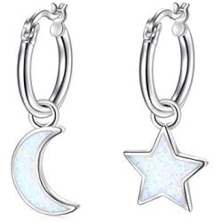 Star and Moon Friendship Earrings Created Opal Hoop Drop Dangle Earrings 925 Sterling Silver Star Moon Fans Best Christmas Birthday Gifts