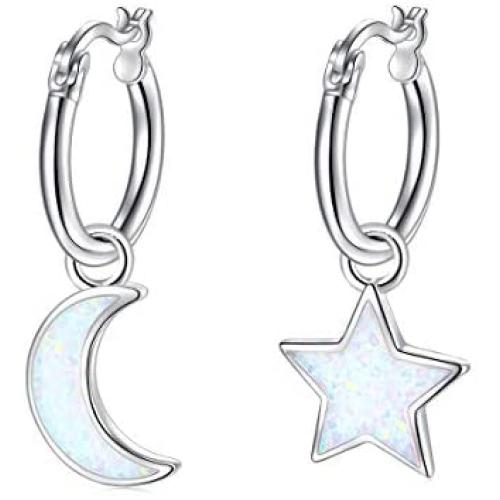 Star and Moon Friendship Earrings Created Opal Hoop Drop Dangle Earrings 925 Sterling Silver Star Moon Fans Best Christmas Birthday Gifts