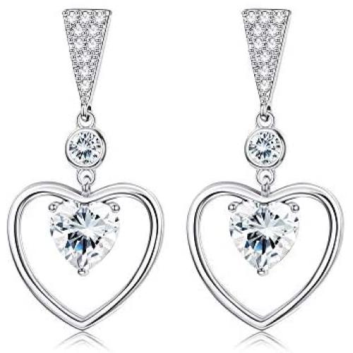 Kesaplan Double Heart Austria Crystal Drop Earrings 18K White Gold Eternal Love Heart Dangle Earrings for Women Birthday Anniversary Jewelry Gifts with Gift Box