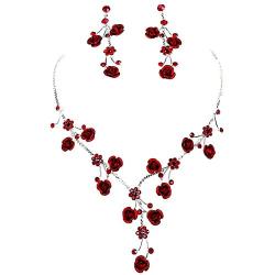 Faceted Metal Rose & Crystal Rhinestone Necklace & Earring set for Bridal, prom (Red)