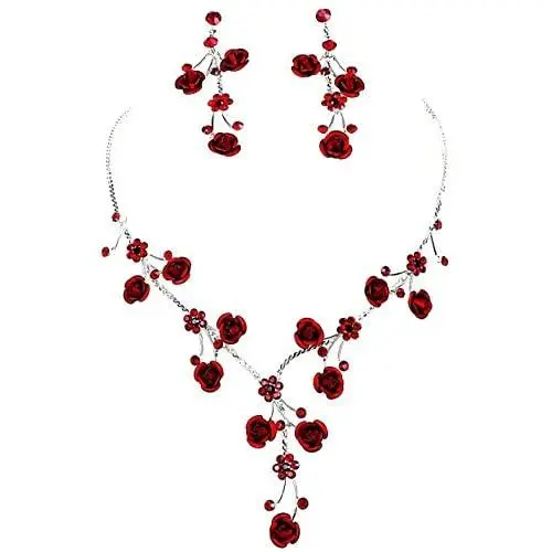 Faceted Metal Rose & Crystal Rhinestone Necklace & Earring set for Bridal, prom (Red) Faceted Metal Rose & Crystal Rhinestone Necklace & Earring set for Bridal, prom (Red)