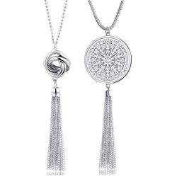 FUNRUN JEWELRY 2PCS Long Pendant Necklaces for Woman Knot Disk Circle Tassel Y Necklaces Set