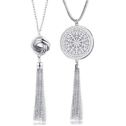 FUNRUN JEWELRY 2PCS Long Pendant Necklaces for Woman Knot Disk Circle Tassel Y Necklaces Set