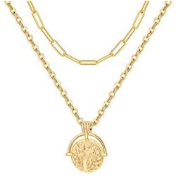 SANNYRA Layered Coin Necklace 14K Gold Plated Paperclip Link Chain Medallion Pendant Necklace Jewelry Gift for Women