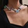 Ingemark Hip Hop Colorful Butterfly Choker Necklace Shiny Crystal Cuban Chain Link Necklace for Women Girls Fashion Jewelry