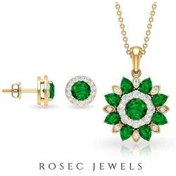 Emerald and Diamond Jewelry 3.54 CT, Floral Jewelry, Gold Pendant Set with Earrings (5 MM Round, 4X3 MM Pear Shaped Emerald) 18K Gold