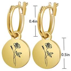 Birth Flower Earrings 18K Gold Plated, Dainty Dangle Statement Earrings Birth Month Earrings Personalized Coin Drop Birth Floral Earrings Jewelry Birthday Valentines Day Gift