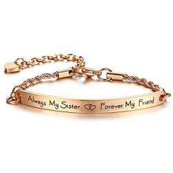 Stainless Steel Engraved Bar Inspirational Bracelets Fashion Bangles Link Charm Bracelet for Women Girl Sister Mother Friends, Friendship Sister Jewelry