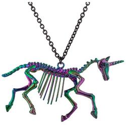 LUX ACCESSORIES Halloween Metallic Multicolored Skeletal Unicorn Pendant Black Chain Necklace