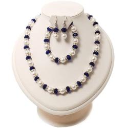 Avalaya White & Royal Blue Imitation Pearl Bead with Diamante Ring Necklace, Bracelet & Earrings Set (Silver Tone Metal) - 44cm L/ 4cm Ext