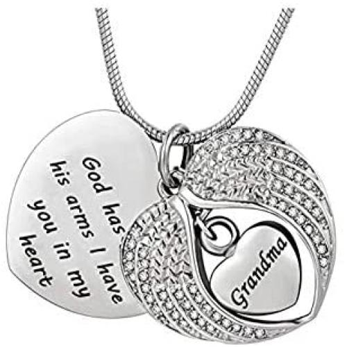 TGLS Angel Wing Cremation Heart Urn Necklace for Human Ashes for Dad Mom Grandma Family Members Memorial Pendant Jewelry with 19'' Snake Chain - God has you in his arms I have you in my heart