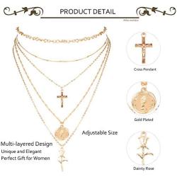 FIBO STEEL 16 Pcs Layered Choker Necklaces Vintage Knuckle Rings Set for Women Tag Coin Cross Crucifix Pendant Necklace Stackable Midi Finger Ring Jewelry Set