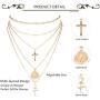 FIBO STEEL 16 Pcs Layered Choker Necklaces Vintage Knuckle Rings Set for Women Tag Coin Cross Crucifix Pendant Necklace Stackable Midi Finger Ring Jewelry Set