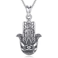 Sterling Silver Hamsa Necklace for Women AEONSLOVE Vintage Hamsa Hand of Fatima Evil Eye Necklace Pendant Good Luck Success Amulet Lotus Charm Jewelry Gifts for Womens Girls Wife