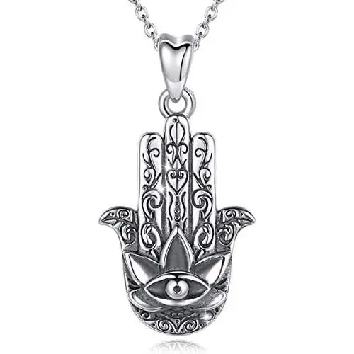 Sterling Silver Hamsa Necklace for Women AEONSLOVE Vintage Hamsa Hand of Fatima Evil Eye Necklace Pendant Good Luck Success Amulet Lotus Charm Jewelry Gifts for Womens Girls Wife