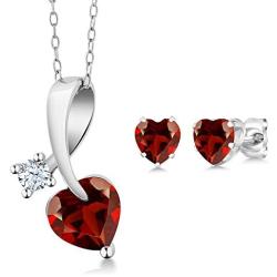Gem Stone King Red Garnet 925 Sterling Silver Pendant Earrings Set 2.51 Ct Heart Shape Gemstone Birthstone with 18 Inch Silver Chain