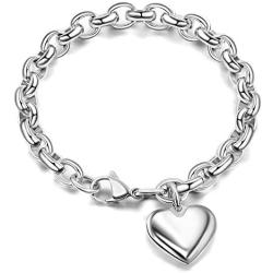 Jewelry Kingdom 1 Heart Charm Bracelet for Women Girls Silver Stainless Steel Chain Adjustable Valentines Day Jewelry Gift (Length of 7-11'')