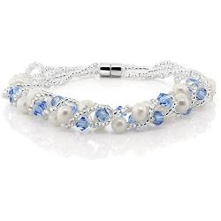 Gem Stone King 17 Inch White Cultured Freshwater Pearl & Blue Crystal Mash Necklace + Bracelet 6.5 Inch