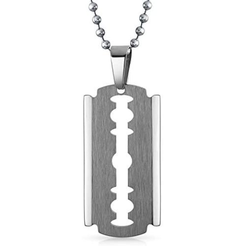 Bling Jewelry Personalize Hip Hop Biker Punk Rock Large Razor Blade Dog Tag Pendant Necklace for Men Black Silver Tone Stainless Steel 20 Inch