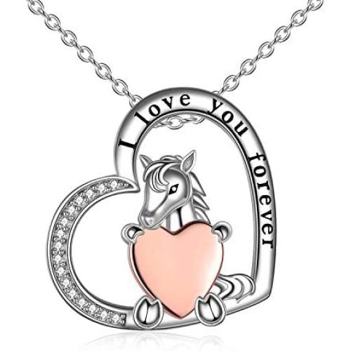 YFN S925 Sterling Silver Horse Necklace Heart Pendant Jewelry Gift for Women Girls