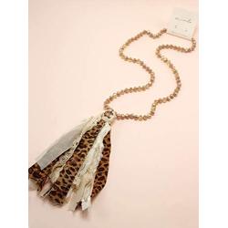 Miracle Collection Boho Handmade Knotted Glass with Leopard Fringe Statement Tassel Vintage Long Necklace